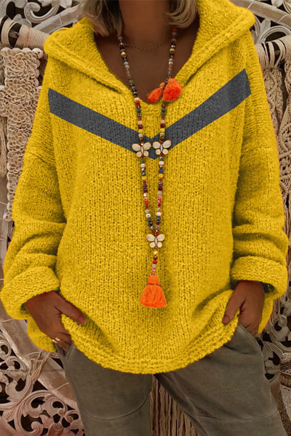 Color Block Loose Hooded Pullover Sweater