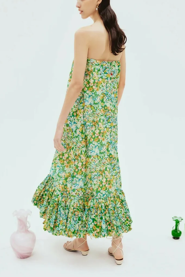 Robe ample bustier à fleurs vertes