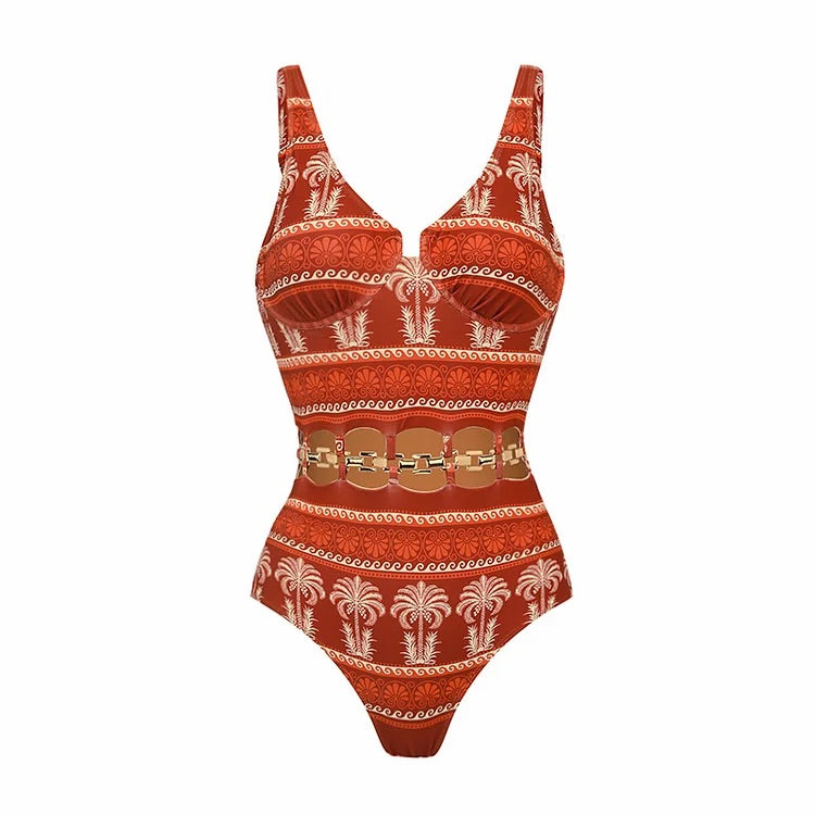 Maillot de bain une pièce à imprimé floral d'eucalyptus avec col en V et jupe 