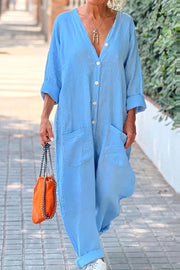 Casual solid V-neck button up jumpsuit with mid waist pocket jumpsuit