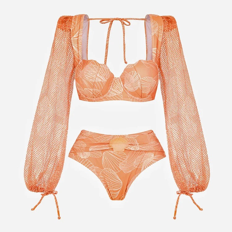 Maillot de bain bikini à manches longues et jupe à imprimé coquillage 