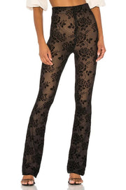 Romance Detail Flower Pattern Mesh Elastic Waist Stretch Flare Pants