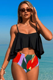 Two-piece swimsuit with large ruffled sleeves and floral shorts