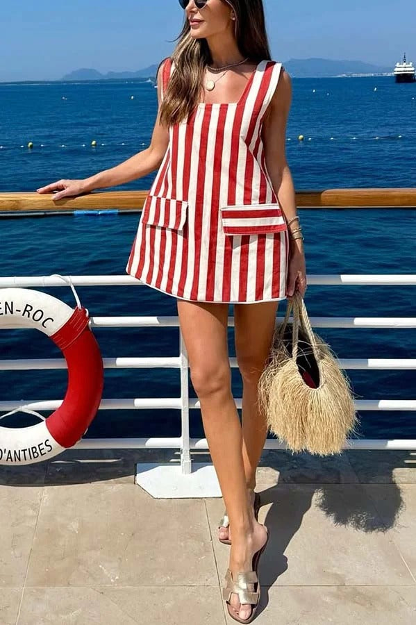 Sunny Views Thick Striped Print Wide Strap Flap A-line Mini Dress