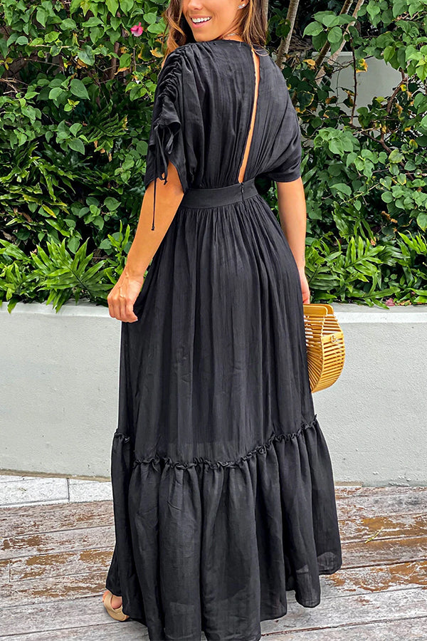 Black Drawstring Pleated Kimono Sleeve Ruffle Maxi Dress