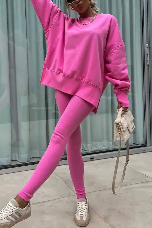 Solid Color Loose Long Sleeve SlitSweatshirt and Elastic Waist Tight Pants Set