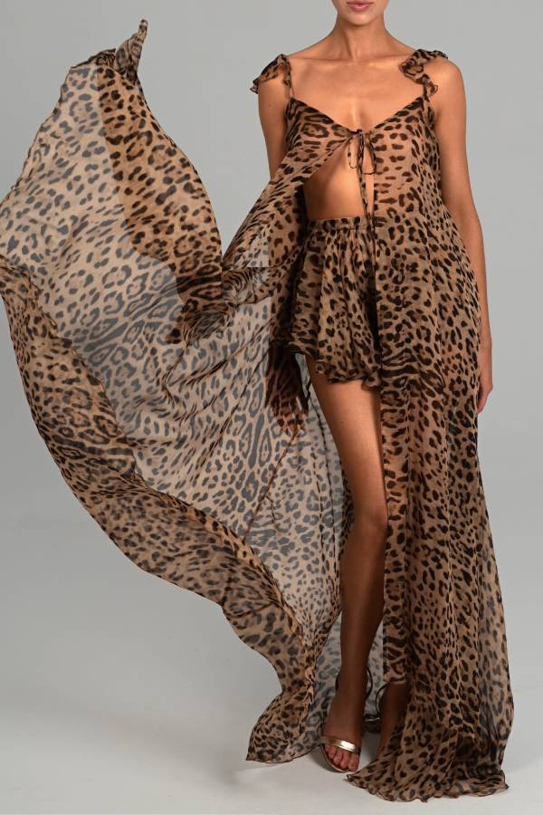 Immerse Vacation Leopard Tie-up Slit Midi Top and Elastic Waist Shorts Set