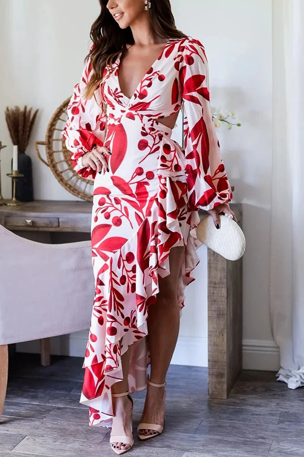 Robe longue fendue dos nu à volants et imprimé tie-dye, prête pour une soirée formelle