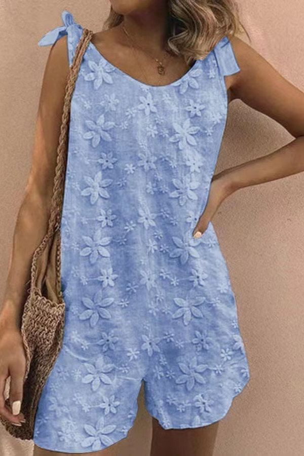 Embroidered floral lace-up tank top romper