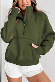 Green Zip Up Stand Collar Ribbed Thumbhole Sleeve Sweatshirt