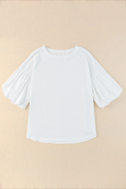 White Solid Color Casual Bubble Sleeve Blouse