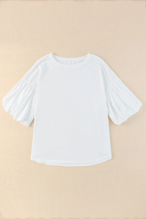 White Solid Color Casual Bubble Sleeve Blouse