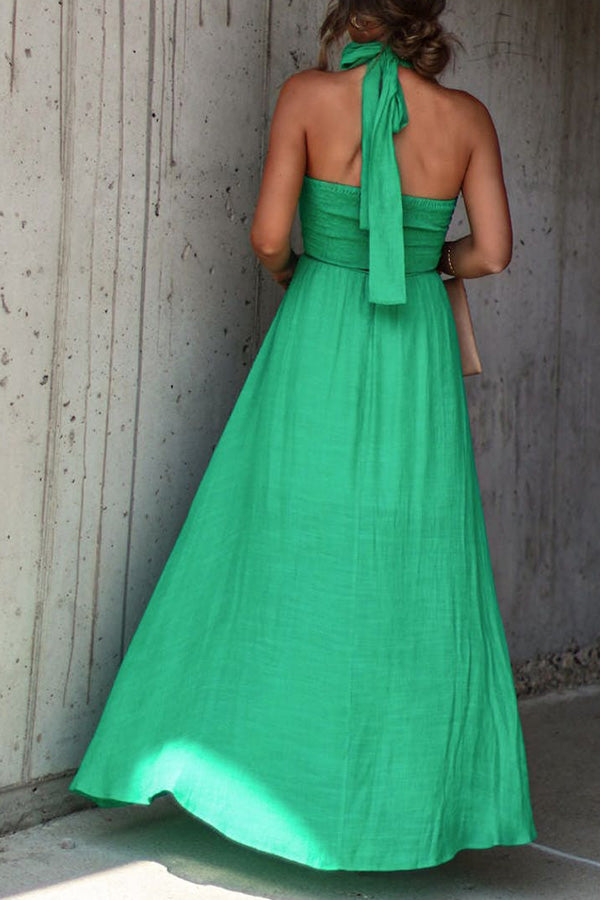 Elmhurst green pleated halterneck maxi dress