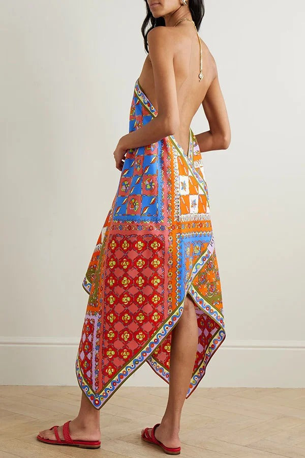 Artistic Girl Asymmetric Unique Print Chain Halter Draped Scarf Midi Dress