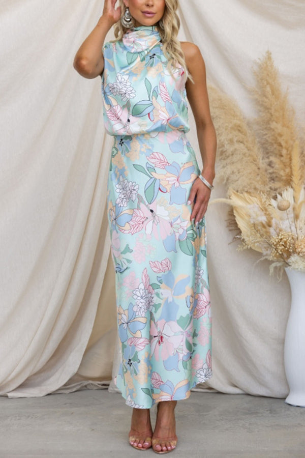 Robe longue à fleurs et col licou, taille élastique, motif Love In The Garden 