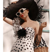 One Shoulder Ruffle Dot Printed Cut Out One Piece Swimsuit and Skirt