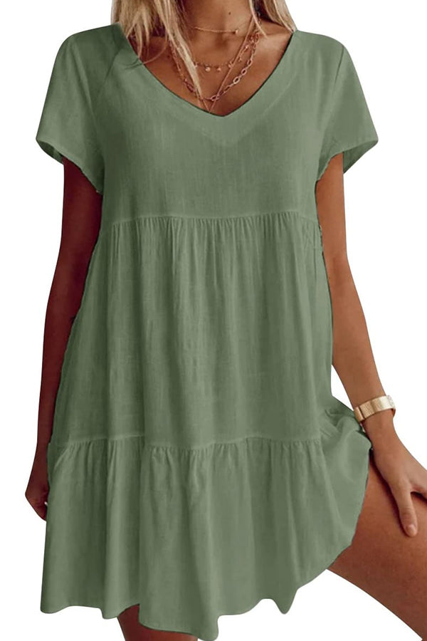 Cotton-Blend V Neck Casual Short Sleeve Weaving Dress