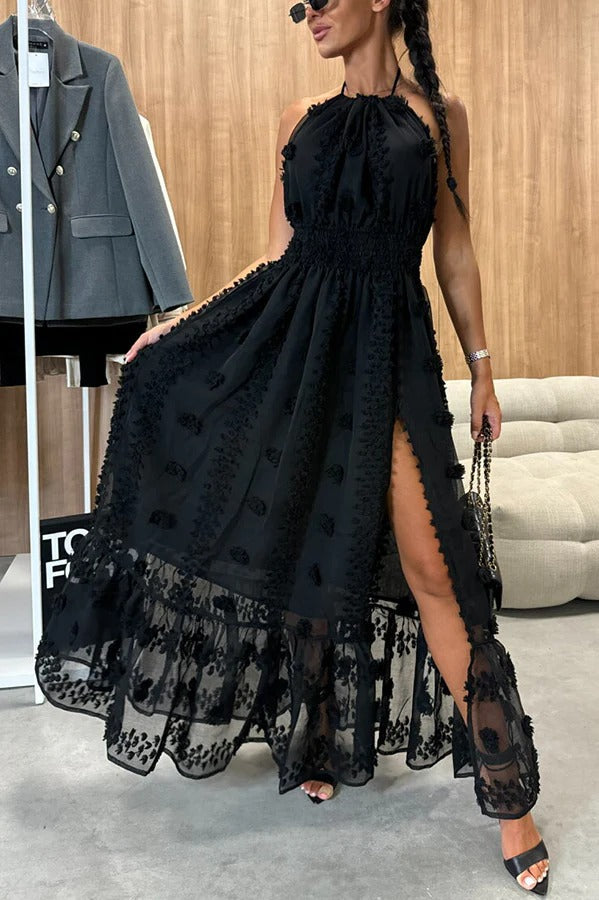 Robe longue fendue dos nu à taille élastique et broderie florale Gloria