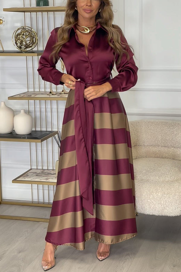 Robe longue en satin Lindsey à manches longues et ceinture contrastée