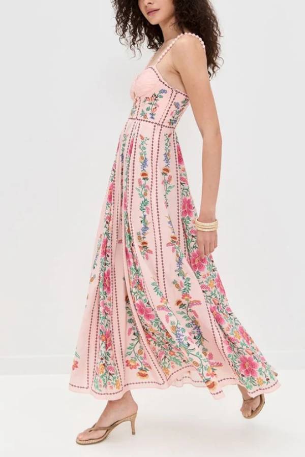 Delicate Forest – Maxikleid mit einzigartigem Print und herzförmigem Ausschnitt und Perlenträgern