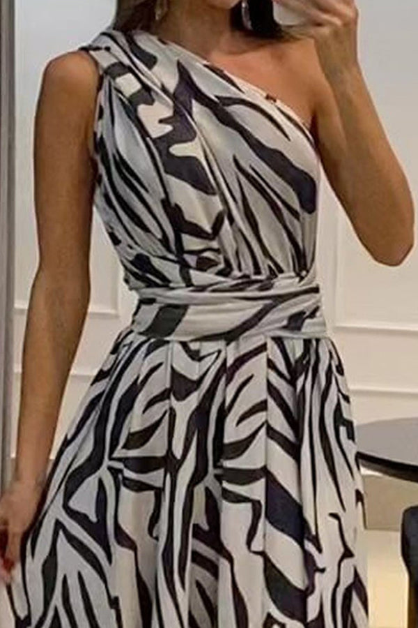 Robe longue imprimée sexy à une épaule sans manches avec dos fendu 