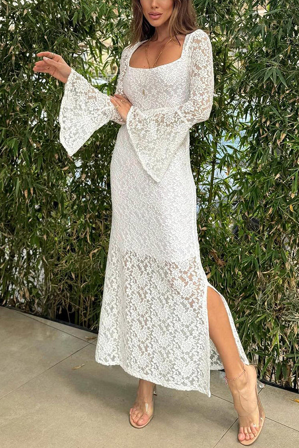 Robe mi-longue fendue doublée à manches cloche et col carré en dentelle de style de vie luxueux 