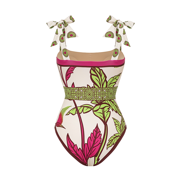 Maillot de bain une pièce imprimé plantes tropicales avec nœud papillon sur l'épaule et pantalon 