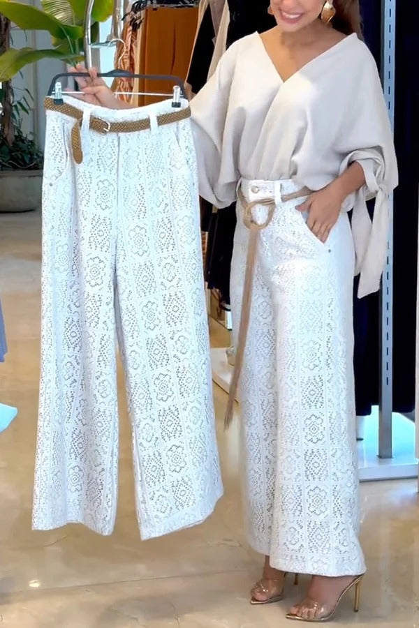 Joyful Bond Crochet Lace Mid Rise Pocketed Wide-leg Pants