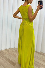 Pretty Special Pleated Embellished Slit Evening Maxi Dress