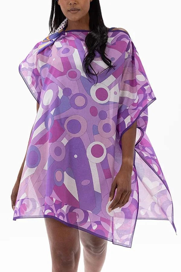 Colorful Circle Unique Print One Shoulder Button Detail Loose Cover-up Mini Dress