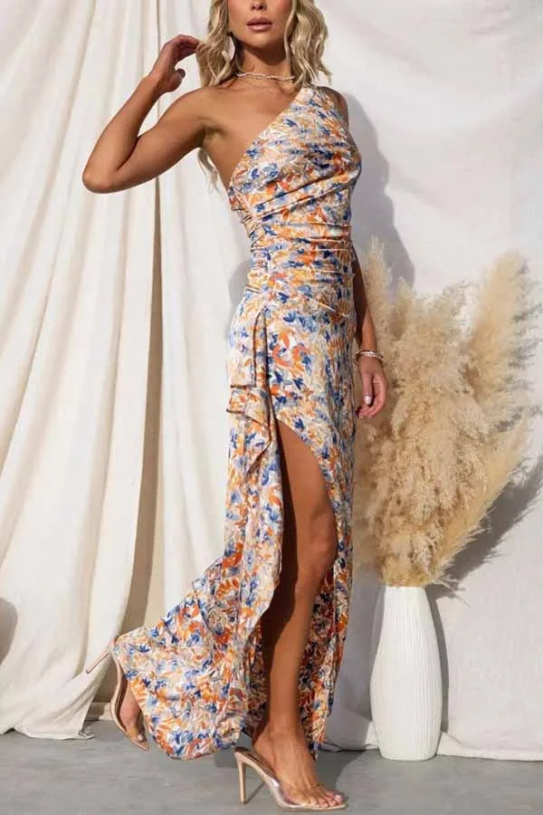 Robe longue asymétrique à volants et à une épaule, motif floral Intense Love 