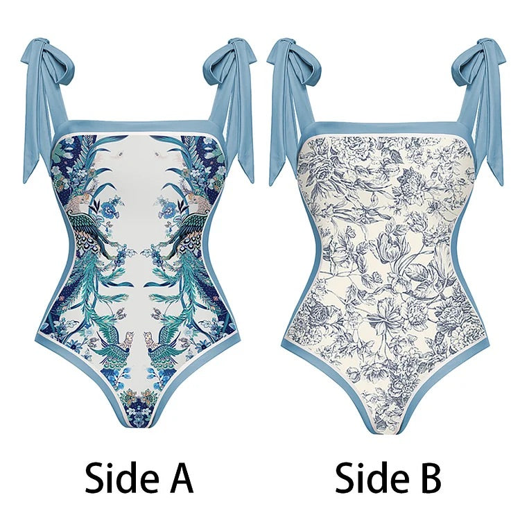 swimgirls Blauer, wendbarer Badeanzug mit Schleife und Schulterschnürung und Sarong/Rock 