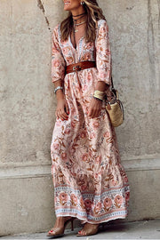 Pink Sexy Bohemian Floral V Neck Ruffle Maxi Dress