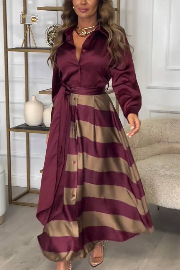 Robe longue en satin Lindsey à manches longues et ceinture contrastée