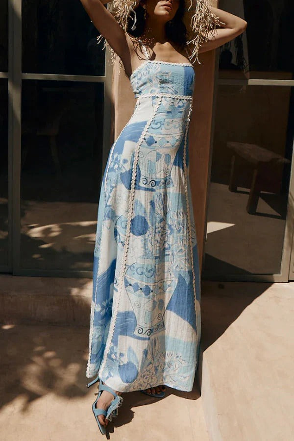 ROBE LONGUE ÉVASÉE EN LIN AVEC BORDURES EN LIN, IMPRIMÉ UNIQUE, NOUAGE AU DOS