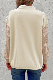 Beige Half Zip Textured Patchwork Sleeve Drop Shoulder Sweatshirt