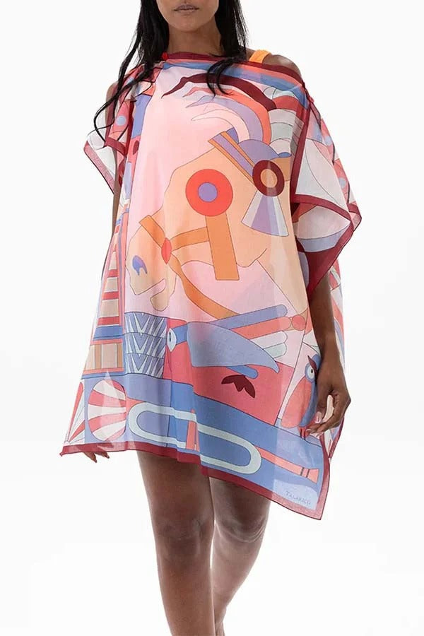 Horse Island Tulle Unique Print One Shoulder Button Detail Loose Cover-up Mini Dress