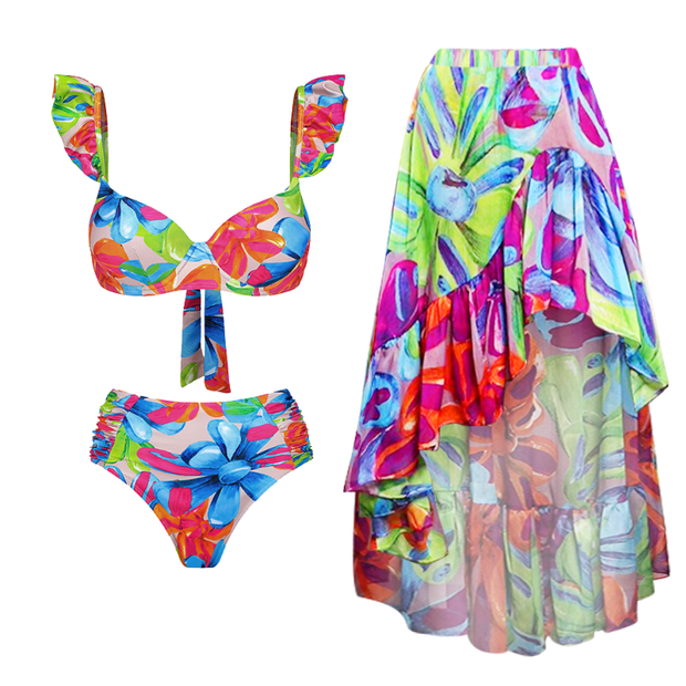 Floral Printed One Piece Swimsuit and Skirt