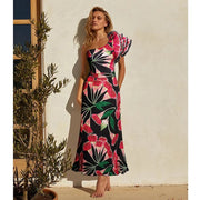 One Shoulder Ruffle Eucalyptus Flower Printed One Piece Swimsuit and Skirt