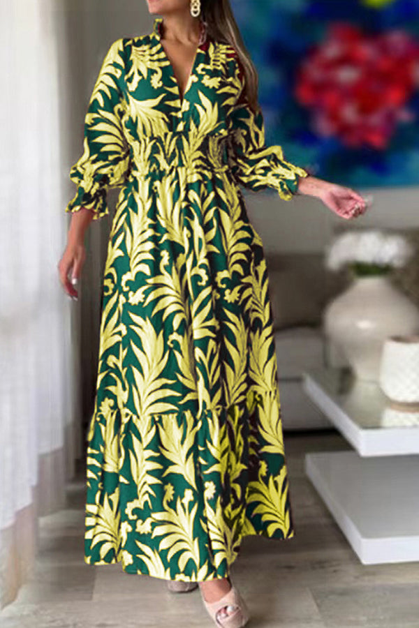 Waist pullover bohemian print long-sleeved swing dress