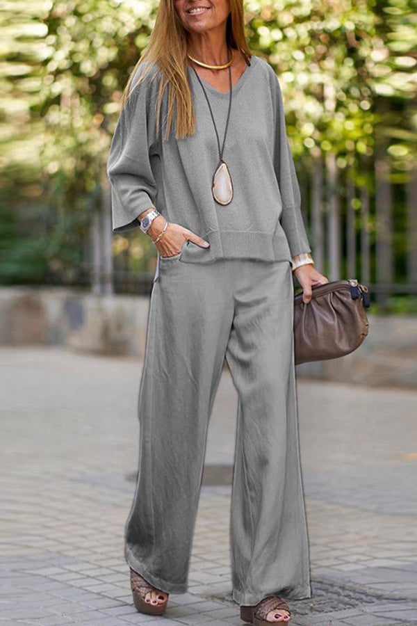 2023 new v-neck long-sleeved shirt spring and autumn casual solid color pants wide-leg suit