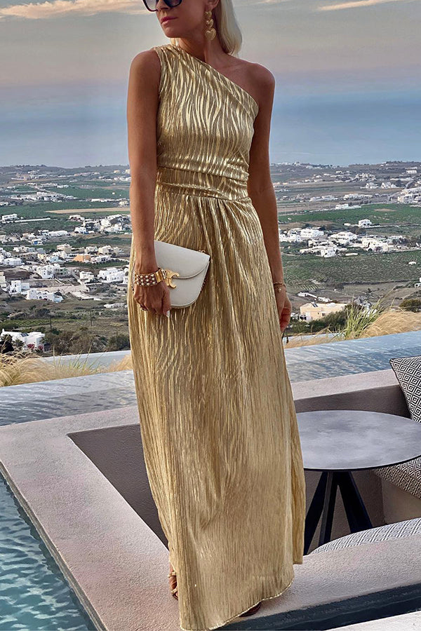 Eternal Shine Gold Animal Printed One Shoulder Maxi Dress