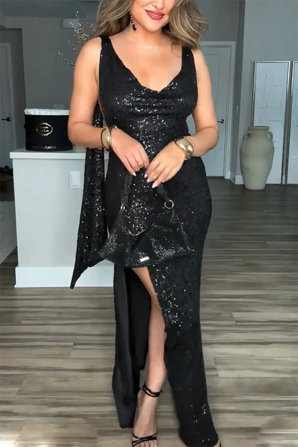 Robe longue extensible à paillettes scintillantes, col bénitier, dos nu et fente