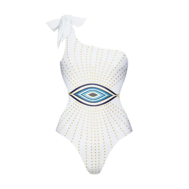 Evil Eyes Print One Piece Swimsuit and Skirt