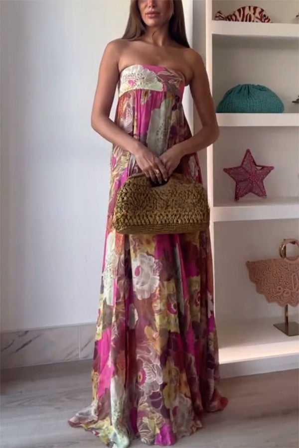 Shelia – Schulterfreies Maxikleid in A-Linie mit ethnischem Blumendruck
