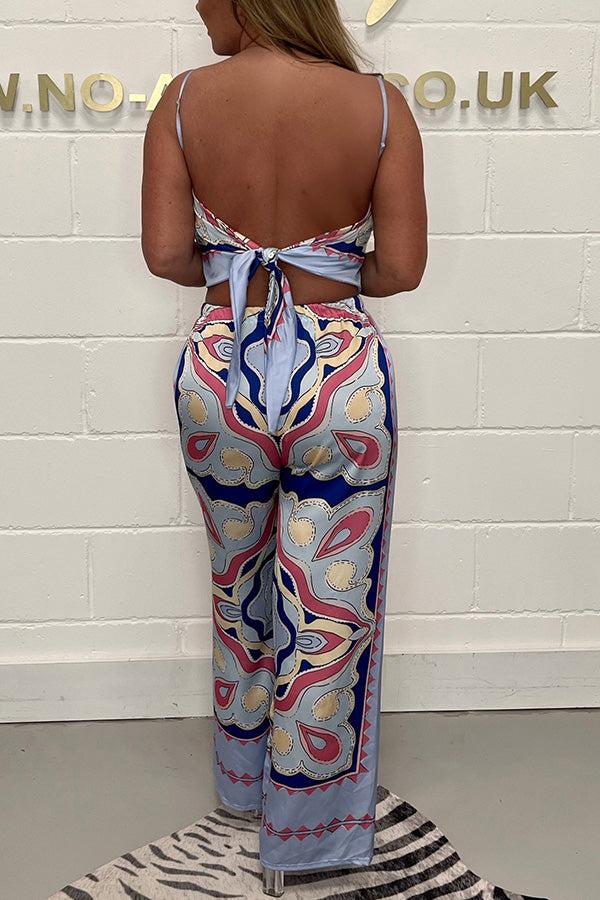 Set mit modischem Print, Trägertop mit offenem Rücken und Bindeband + gerader Hose 