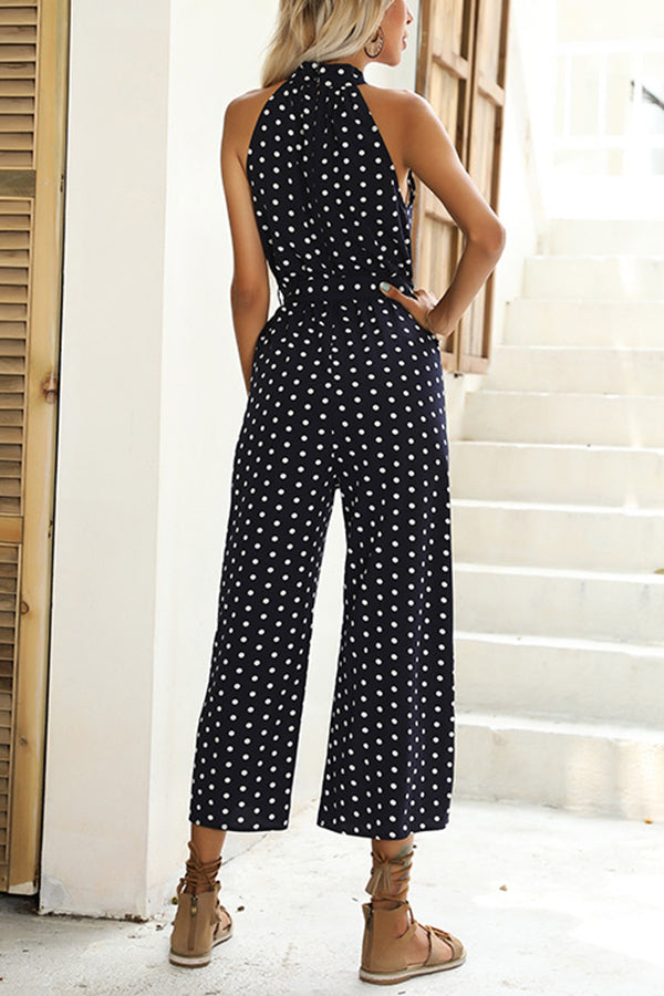 Trendy belt with polka-dot halter neck suspenders wide-leg black jumpsuit