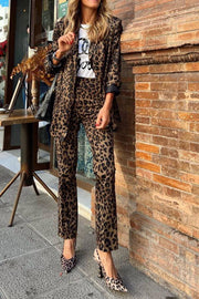 Wild Personality Leopard Pocket Relaxed Lapel Blazer and Elastic Waist Pants Set