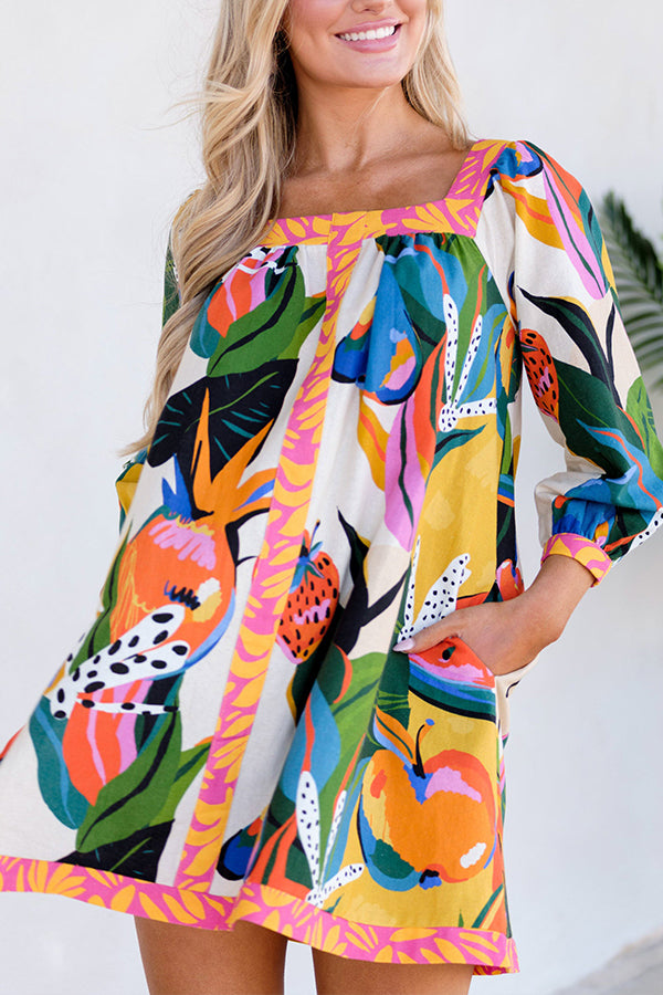 Shining Beauty Linen Blend Tropical Abstract Print Pocketed Mini Dress