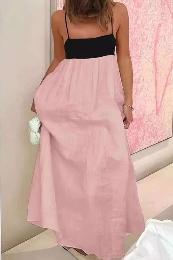 Sexy Sling-Maxikleid aus Leinenmischung mit rückenfreiem Kontrast